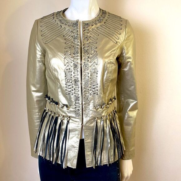 Leather Jacket Vintage 1980's Gold with Fringe Boho Carlos Fiori Size XS - Picture 4 of 11
